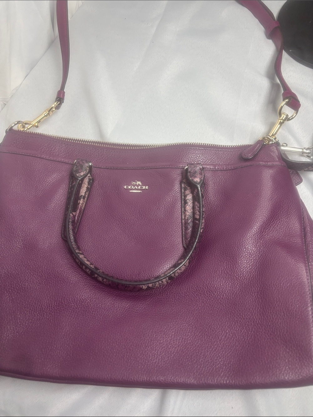 Coach Plum Leather Shoulder Bag with Snake-Trim Handles